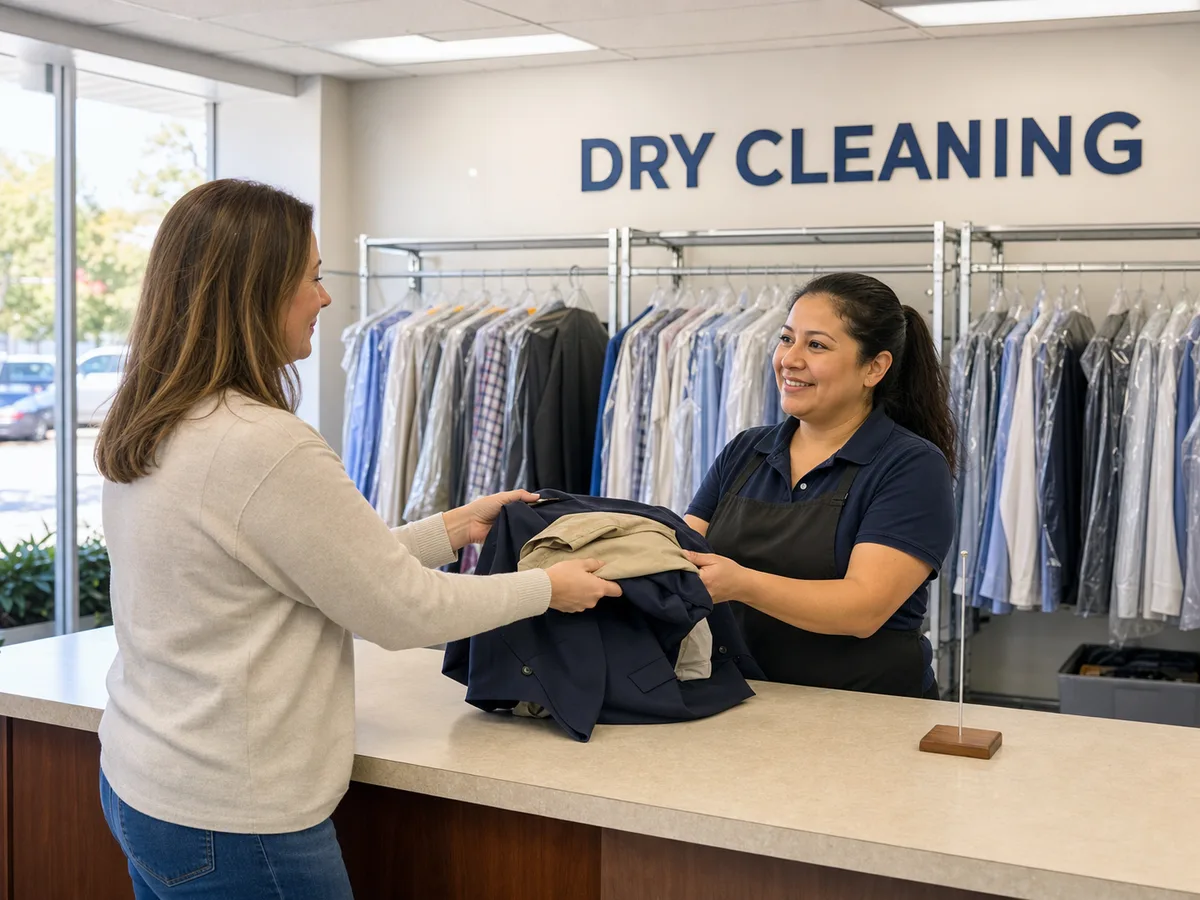 A customer dropping off garments at the dry cleaning counter