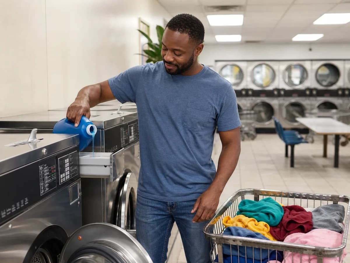 A customer pouring detergent into a washer next to his basket of laundry
