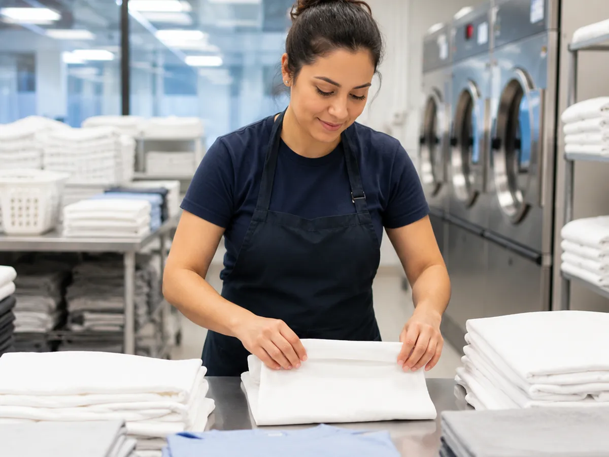 An attendant folding freshly washed shirts on a stainless-steel table